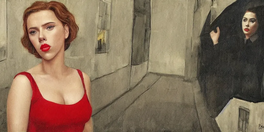 Prompt: Scarlett Johansson in a painting by Paul Delvaux