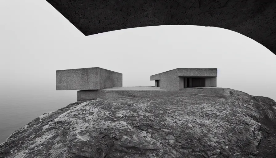 Image similar to brutalist base perched on a cliff overlooking a magnificient bay, drawing architecture, fog horizon, pritzker architecture prize, greig fraser