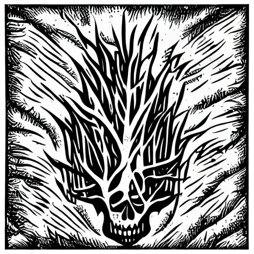 Image similar to dark death metal themed vector illustration for a record label, trees. forest, spikes, skull, microphone, skull, award winning, grunge, iconic, golden ratio