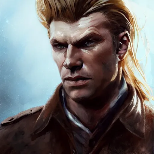 Image similar to portrait of a muscular, grim, ponytail haired blonde man in his late 30's, wearing a thick brown leather coat, looking to his side, scarred face, blue eyes, hunter, DnD character, fantasy character, dramatic lighting, digital art by Ruan Jia, Krenz Cushart, Rossdraws and Boris Vallejo