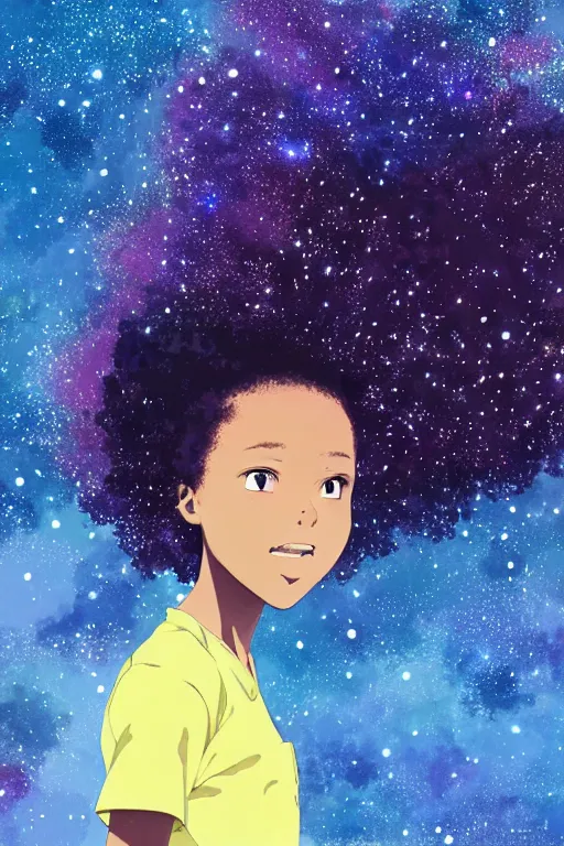 Image similar to ( a young black girl with a nebula afro ) standing under a ( tree made out of galaxy and stars ), trending on pixiv fanbox, painted by makoto shinkai takashi takeuchi studio ghibli, akihiko yoshida, yoshitaka amano, wangechi mutu, clean cel shaded vector art, illustration, hd, 8 k