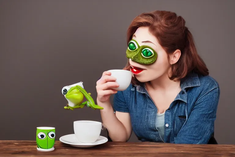 Image similar to girl on a date with pepe the frog drinking coffee, 8 0 s style, studio photo, natural lighting