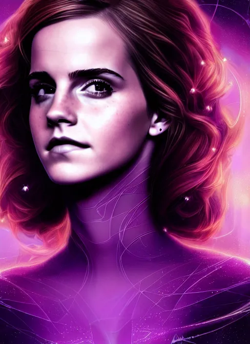 Prompt: portrait of emma watson, fractal glowing diagram bckground, intricate purple dress, digital art by artgerm and karol bak, cinematic lighting, trending on artstation