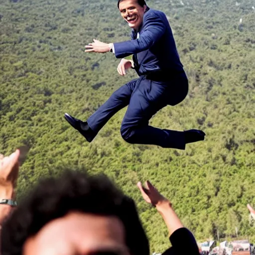 Image similar to president pedro sanchez jumping out of an airplane, epic movie still, professional photography