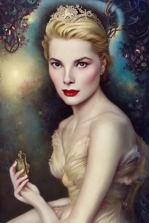 Image similar to a young and extremely beautiful grace kelly infected by night by tom bagshaw in the style of a modern gaston bussiere, art nouveau, art deco, surrealism. extremely lush detail. melancholic scene infected by night. perfect composition and lighting. sharp focus. profoundly surreal. high - contrast lush surrealistic photorealism. sultry, infectious smile.