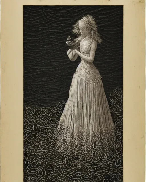 Image similar to a woman standing by the sea, made of intricate decorative lace leaf skeleton, in the style of the dutch masters and gregory crewdson, dark and moody