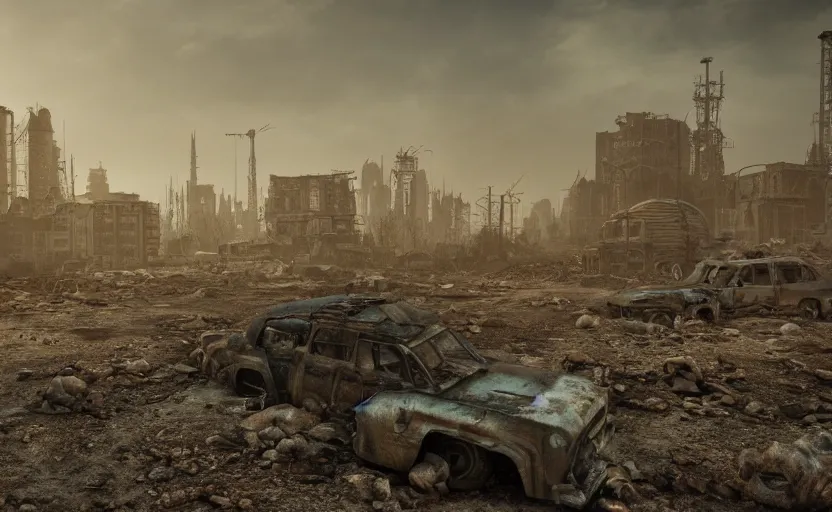 Image similar to apocalyptic wasteland with an economy using every resource to survive, 3d render, Unreal Engine, octane render, ray tracing, Unity, highly detailed, high quality, HD, 4k, 8k, realistic, sharp, trending