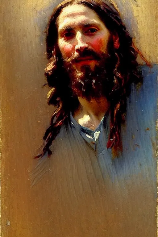 Image similar to impressionist brushstrokes!!!!!!!!! solomon joseph solomon and richard schmid and jeremy lipking victorian loose genre loose painting full length portrait painting of jesus with a slight smile happy inviting