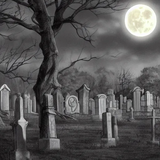 Image similar to anime hd, anime, 2 0 1 9 anime, ghost children, children born as ghosts, dancing ghosts, london cemetery, albion, london architecture, buildings, gloomy lighting, moon in the sky, gravestones, creepy smiles