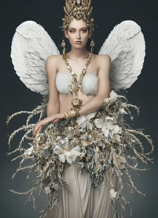 Prompt: full body environmental portrait photo of a goddess as angel, ornate headpiece made from flowers, ornaments, glamour shot by lindsay adler, stefan gesell, photorealistic, canon r 3, fashion photography, hyper maximalist, sharp focus, ornate, elegant, luxury and elite, symmetrical features, octane render, unreal engine, solid dark grey background, dramatic lights