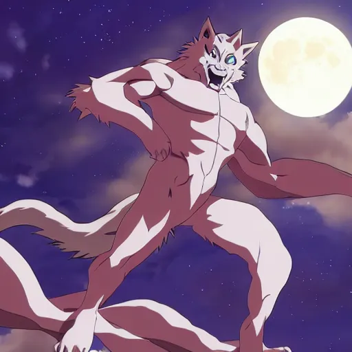 Image similar to anime! werewolf, full moon in the background