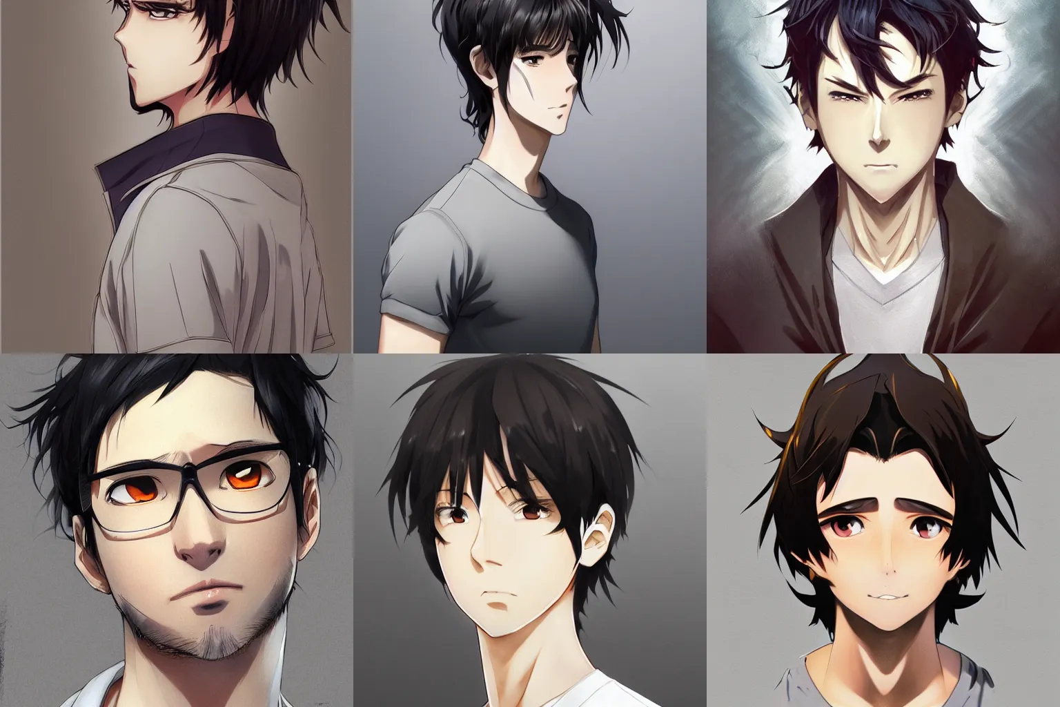 Prompt: An anime portrait of a man with very short wavy black hair, brown eyes, short light grey whiskers, no glasses, wearing a t-shirt, medium shot, by Stanley Artgerm Lau, WLOP, Rossdraws, James Jean, Andrei Riabovitchev, Marc Simonetti, and Sakimi chan, trending on artstation