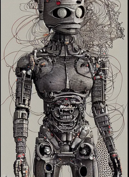 Image similar to 2 d illustration, grained risograph, vintage horror sci - fi portrait of a futuristic silver armored geisha district 9 cyborg, parallax, fractal, intricate, elegant, by jheronimus bosch and moebius louis jacques mande daguerre and szukalski