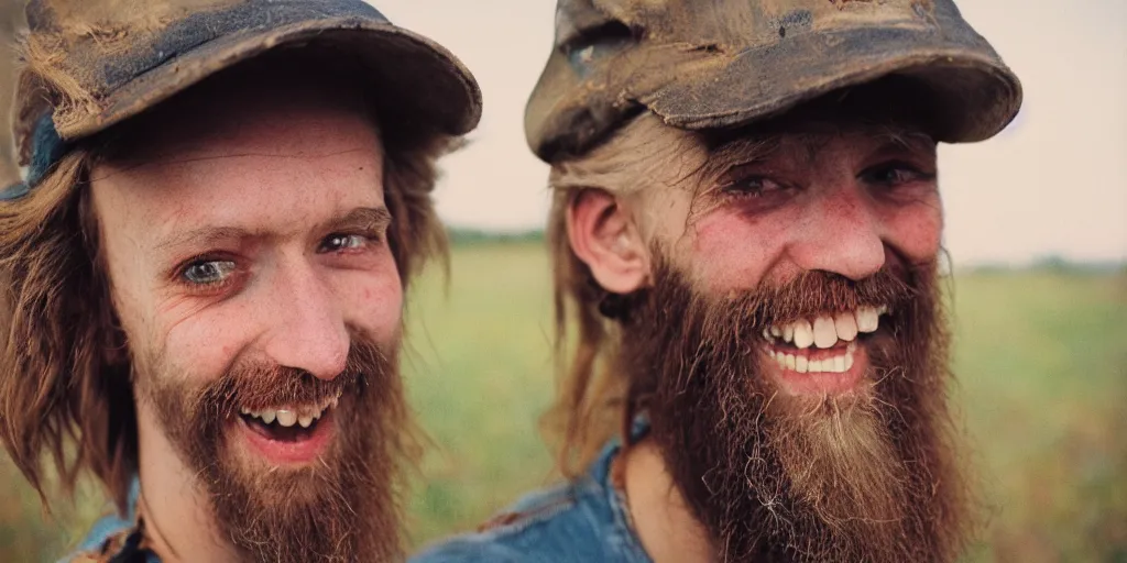 Image similar to extremely skinny malnourished redneck white male with long beard, wearing dirty overalls, dirty greasy face, grin, portrait, close up, kodak gold 2 0 0, 5 0 mm,