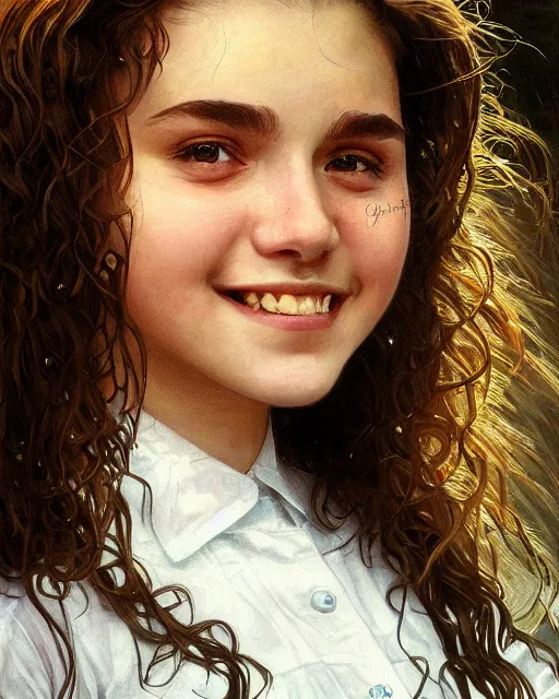 Image similar to close up portrait of 1 5 - year - old girl, smile with large front teeth, hermione granger, very bushy brown hair, and very bright brown eyes, wearing white shirt, hyper realistic face, beautiful eyes, close up, fantasy art, in the style of greg rutkowski, intricate, alphonse mucha, hyper detailed, smooth