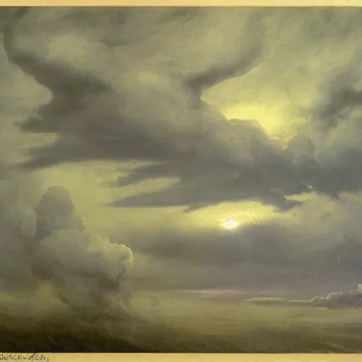 Image similar to clouds and dark smoke at night in a storm strange air animals flying, odd lighting matte oil painting by di fate and alan lee and goya