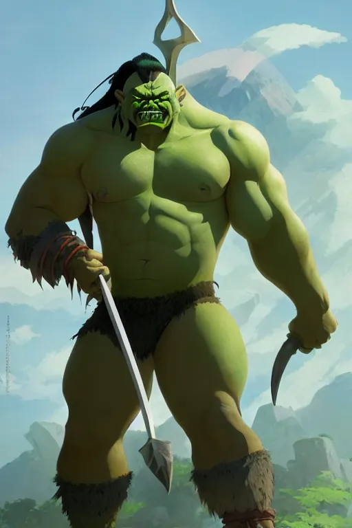 Image similar to orc barbarian male, green skin, exquisite details, big axe, earth magic, mid view, design on a white background, by studio muti, greg rutkowski makoto shinkai takashi takeuchi studio ghibli