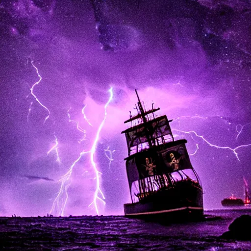 Image similar to purple color lighting storm with stormy sea, pirate ship firing its cannons real life trippy nebula sky 50mm shot