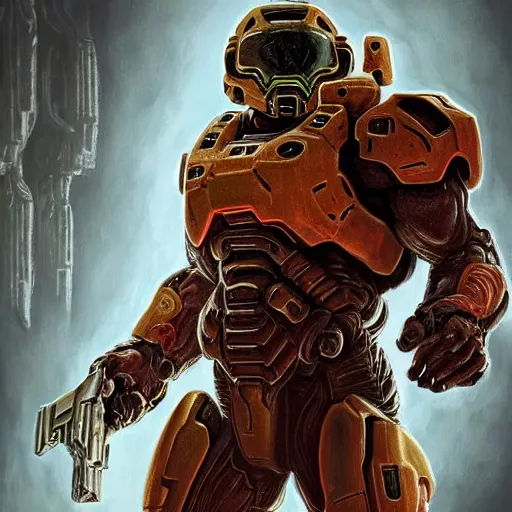 Image similar to doom guy from doom eternal in the halo universe, artstation hall of fame gallery, editors choice, #1 digital painting of all time, most beautiful image ever created, emotionally evocative, greatest art ever made, lifetime achievement magnum opus masterpiece, the most amazing breathtaking image with the deepest message ever painted, a thing of beauty beyond imagination or words, 4k, highly detailed, cinematic lighting