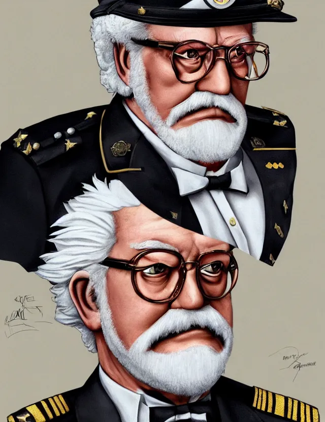 Image similar to a portrait of colonel sanders wearing a military uniform and an eyepatch, by moebius and tyler edlin and hr giger, trending on artstation, digital art, 4 k resolution, detailed, high quality, sharp focus, hq artwork, coherent, insane detail, concept art