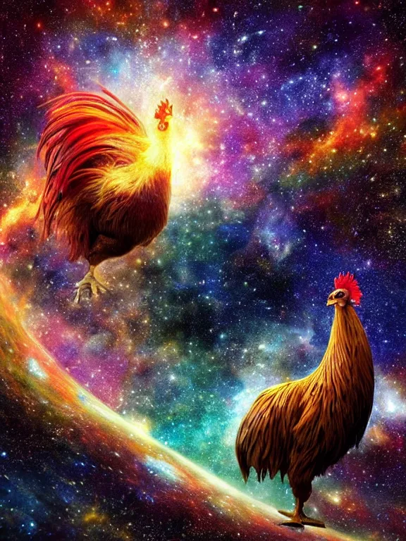 Image similar to a lone giant rooster, centered, floating in space, center of the universe, \ galaxy cosmic nebula, epic, volumetric light, hyperrealistic, glitter, mega detailed, beautiful composition, beautiful lighting, unreal render, 4 k, vincent di fate, john berkey, michael whelan