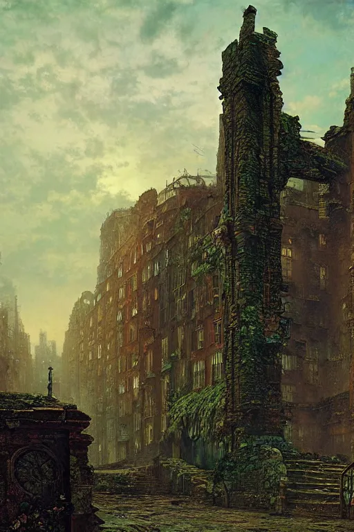 Image similar to beautiful matte painting street art fantasy ruins skyline background painted, intricate, volumetric lighting, beautiful, rich deep colors masterpiece, sharp focus, ultra detailed by john atkinson grimshaw