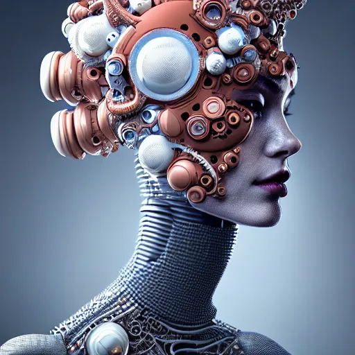 Image similar to portrait of an absurdly beautiful, graceful, sophisticated, fashionable cyberpunk mechanoid, hyperdetailed illustration by irakli nadar and alexandre ferra, intricate linework, white porcelain skin, faberge, coral headdress, unreal engine 5 highly rendered, global illumination, radiant light, detailed and intricate environment