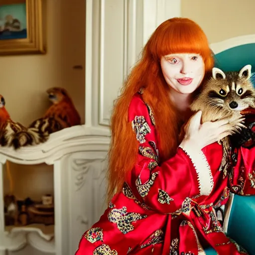 Image similar to a stunning hyper-detailed photo of one slender beautiful smiling woman with long ginger hair and bangs, wearing a luxurious silk robe, wearing headphones and posing with her large ginger tabby cat and her raccoon and parrots in a red overstuffed easy chair in her Victorian living room, holding a porcelain parrot-shaped coffee mug and a donut, perfect eyes, fashion photography, dramatic cinematic lighting, octane render, IBEX Masters, unreal engine, 85 mm lens, paisley wallpaper