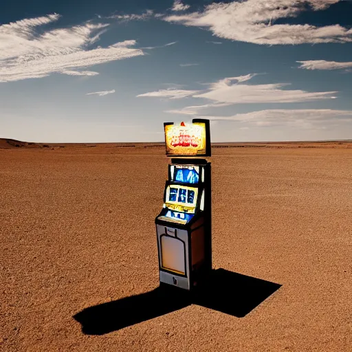 Prompt: a distant slot machine in the middle of a desert, wide shot, establishing wide shot, dark lighting, long exposure photography, slow shutter,