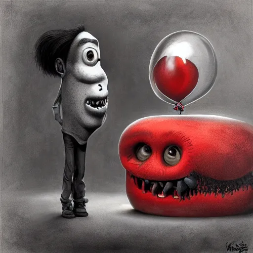 Image similar to surrealism grunge cartoon portrait sketch of chunky with a wide smile and a red balloon by - michael karcz, loony toons style, monsters inc style, horror theme, detailed, elegant, intricate