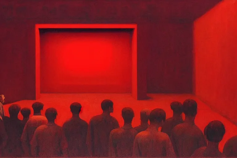 Image similar to only with red, crowd screaming, an exposed picture in a roman theater, in the style of beksinski, parts by edward hopper, parts by rodcenko, parts by yue minjun, intricate and epic composition, red by caravaggio, insanely quality, highly detailed, masterpiece, red light, artstation, 4 k