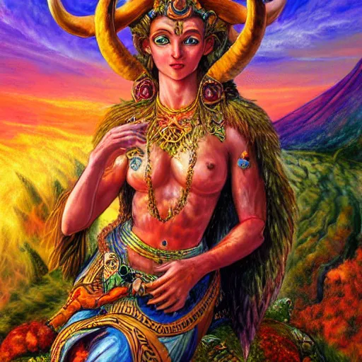 Image similar to horned ram goddess by josephine wall, checking her cell phone, erupting volcano and sunset in distance, flowers in foreground, trending on artstation, by senior concept artist, fantasy, zodiac, 8 k