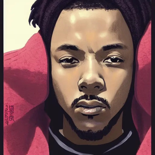 Prompt: kendrick lamar, anime style, wearing sweatshirt, shoulder eyes, last exile anime, symmetrical facial features, from arknights, hyper realistic, 4 k, rule of thirds, extreme detail, detailed drawing, trending artstation, realistic lighting, by alphonse mucha, greg rutkowski, short neck