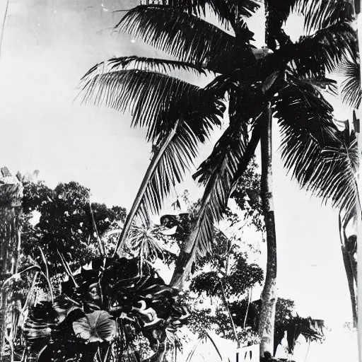 Image similar to a rizom lost film footage of a trabal sphere in the middle of the tropical jungle / object / abstract / modernism / film still / cinematic / enhanced / 1 9 2 0 s / black and white / grain