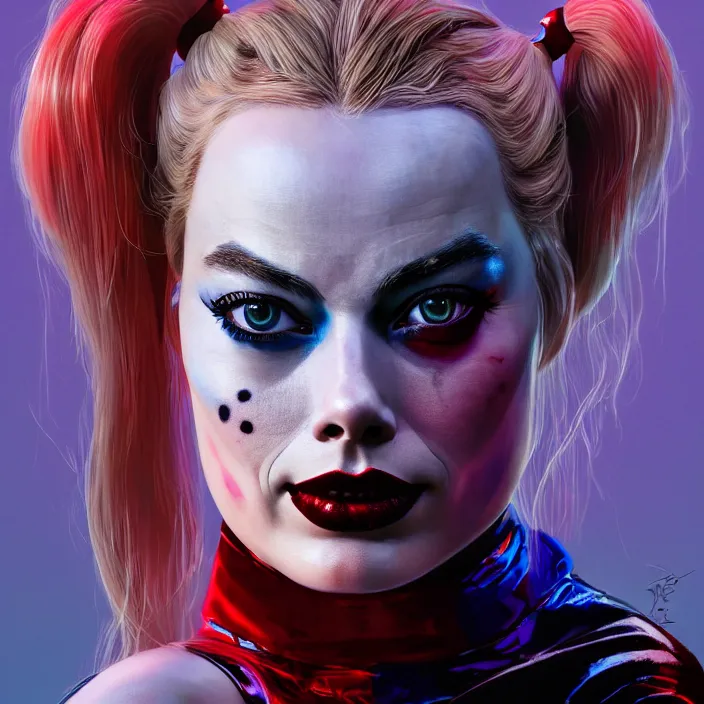 Image similar to portrait of Margot Robbie as a harley quinn. intricate abstract. intricate artwork. by Tooth Wu, wlop, beeple, dan mumford. octane render, trending on artstation, greg rutkowski very coherent symmetrical artwork. cinematic, hyper realism, high detail, octane render, 8k, iridescent accents