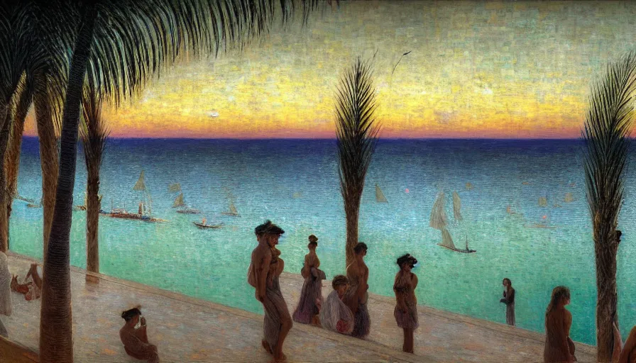 Prompt: a ultradetailed beautiful painting of the night sky of the amazonas pool palace balustrade designed by jules bastien - lepage, tarsila do amaral, frank weston and gustave baumann, beach, trending on artstation, mediterranean, palm trees, sharp focus, sail boats, soft light, 8 k 4 k