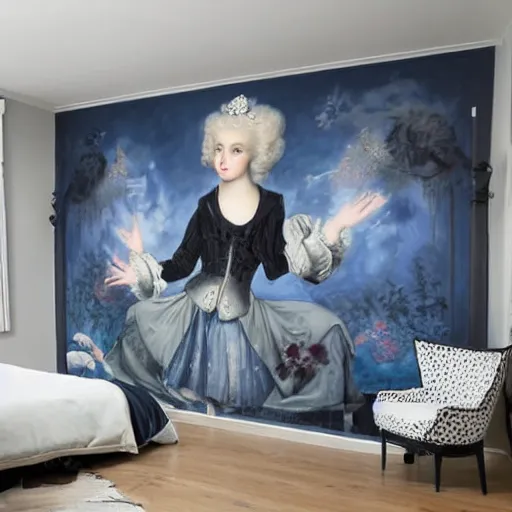Image similar to platinum - blonde - haired hime - cut blue - eyed 1 9 - year - old french empress wearing white leggings and black silk jacket, adoring communist mural on wall, post - revolutionary era, hd photograph