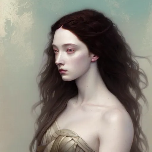 Prompt: striking Pre-Raphaelite Emma Dumont by Artgerm and Greg Rutkowski, intricate, elegant, highly detailed, digital painting, pale