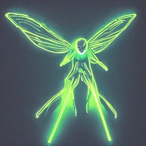 Prompt: mothman sitting in a dark room lit by green glowsticks