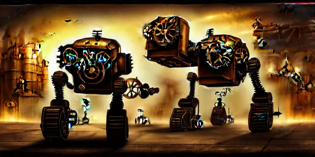 Image similar to steampunk robot wars, digital art, hard backlight, hyperrealistic, fantasy art, matte painting