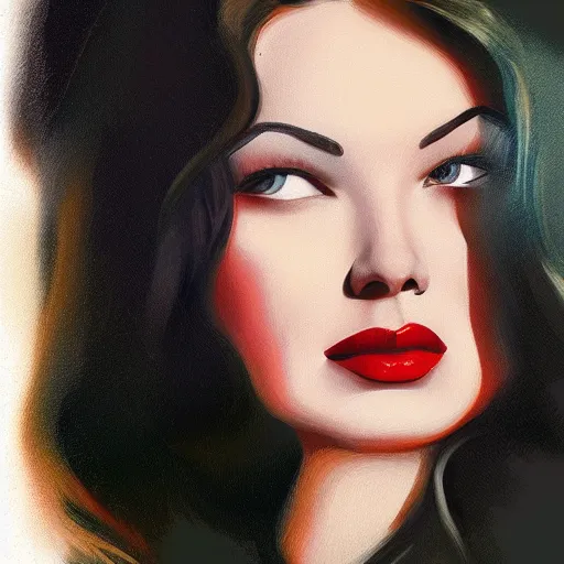 Prompt: young beautiful Gene Tierney color studio publicity photo , tight face shot portrait, highly detailed, digital painting, artstation, concept art, illustration, art , by John Clymer, in the style of John Clymer, painting by John Clymer