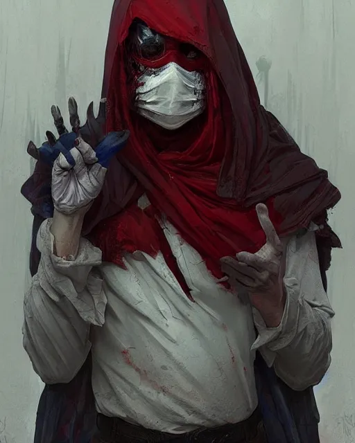 Image similar to sickly man in white mask, red and dark blue cloak, creepy, filthy, pestilence highly detailed, digital painting, artstation, smooth, hard focus, illustration, art by artgerm and greg rutkowski and alphonse mucha