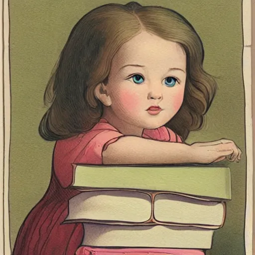 Prompt: the word fee is at the top of the image. a cute little girl with a round cherubic face, blue eyes, and short wavy light brown hair sitting on top of a stack of books. beautiful cartoon painting with flat colors and highly detailed face, outlining, children's storybook