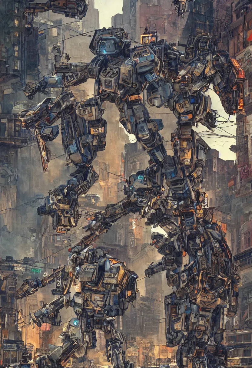 Image similar to chappie battles ed - 2 0 9 in a ghetto in nyc, circa 9 0 0 0, designed by syd mead moebius sorayama jack kirby, hdr, photorealistic, graffiti background, octane render, 8 k