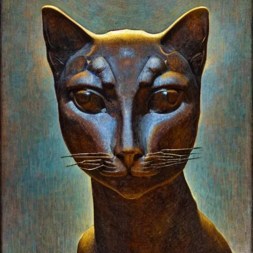 Image similar to masterpiece ancient bronze sculpture of a cat head, by annie swynnerton and diego rivera and nicholas roerich and jean delville and charlie bowater, symbolist, dramatic lighting, god rays, art brut, rich colors, smooth sharp focus, extremely detailed, adolf wolfli and ( donato giancola and bilibin )