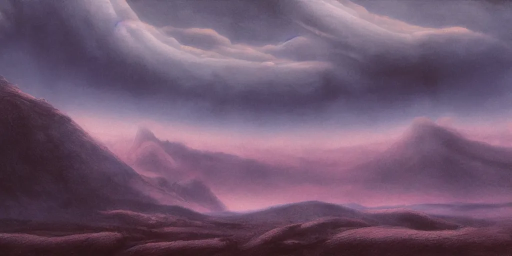 Prompt: Artwork by John Howe of the cinematic view of Xu, a dark planet of dark timberlands, windy scrublands, and mystic valleys, beneath heavy pink clouds.