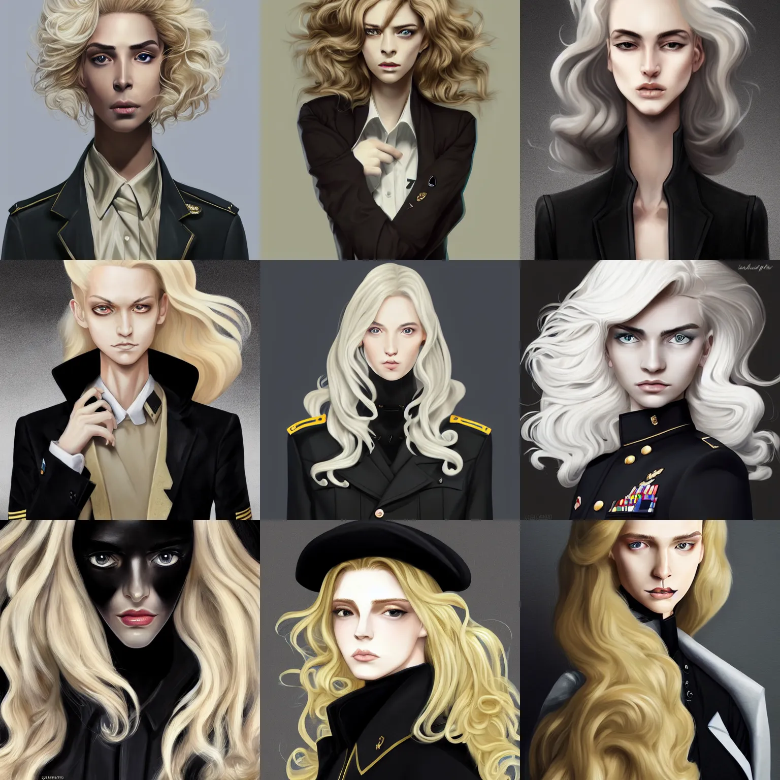 Prompt: beautiful slim cruel androgynous Lucius in black military uniform with pale blond curly long hair, very very long luxurious fluffy blond curls of hair, porcelain pale skin, elegant, 2d, ultra highly detailed, digital painting, smooth, sharp focus, artstation, trending on artstation, art by Ilya Kuvshinov