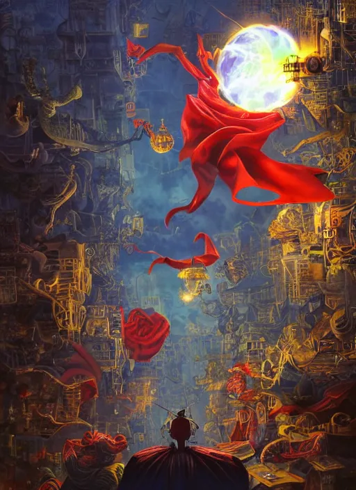 Prompt: the third first image on the scattered absurdity server, dr seuss, and dr strange, looking at an open portal hopping and time warping with reckless abandon, dramatic atmosphere, photo realistic, hyperrealism, by Greg rutkowski, Jacek Yerka, Dan Mumford