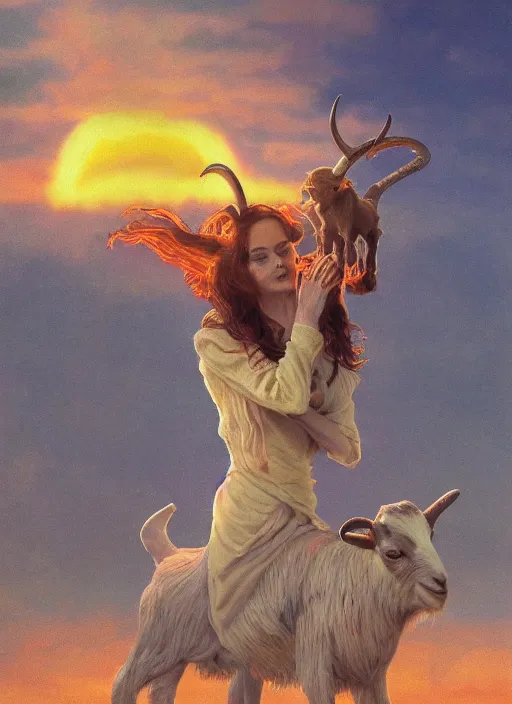 Image similar to symmetry!!! half length portrait of a biblical diabolical witch! girl burning riding a cute goat, fire, clouds, sunset, studio light, by beeple, by mikhail vrubel, by peter elson, muted colors, extreme detail, trending on artstation, 8 k