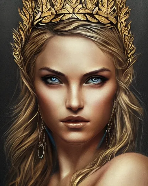 Image similar to tattoo sketch of hot blonde super model as aphrodite greek goddess wearing a gold laurel wreath and triangle earrings, beautiful piercing gaze with sharp pupils, in the style of greg rutkowski, fantasy, amazing detail, epic, elegant, smooth, sharp focus, front view